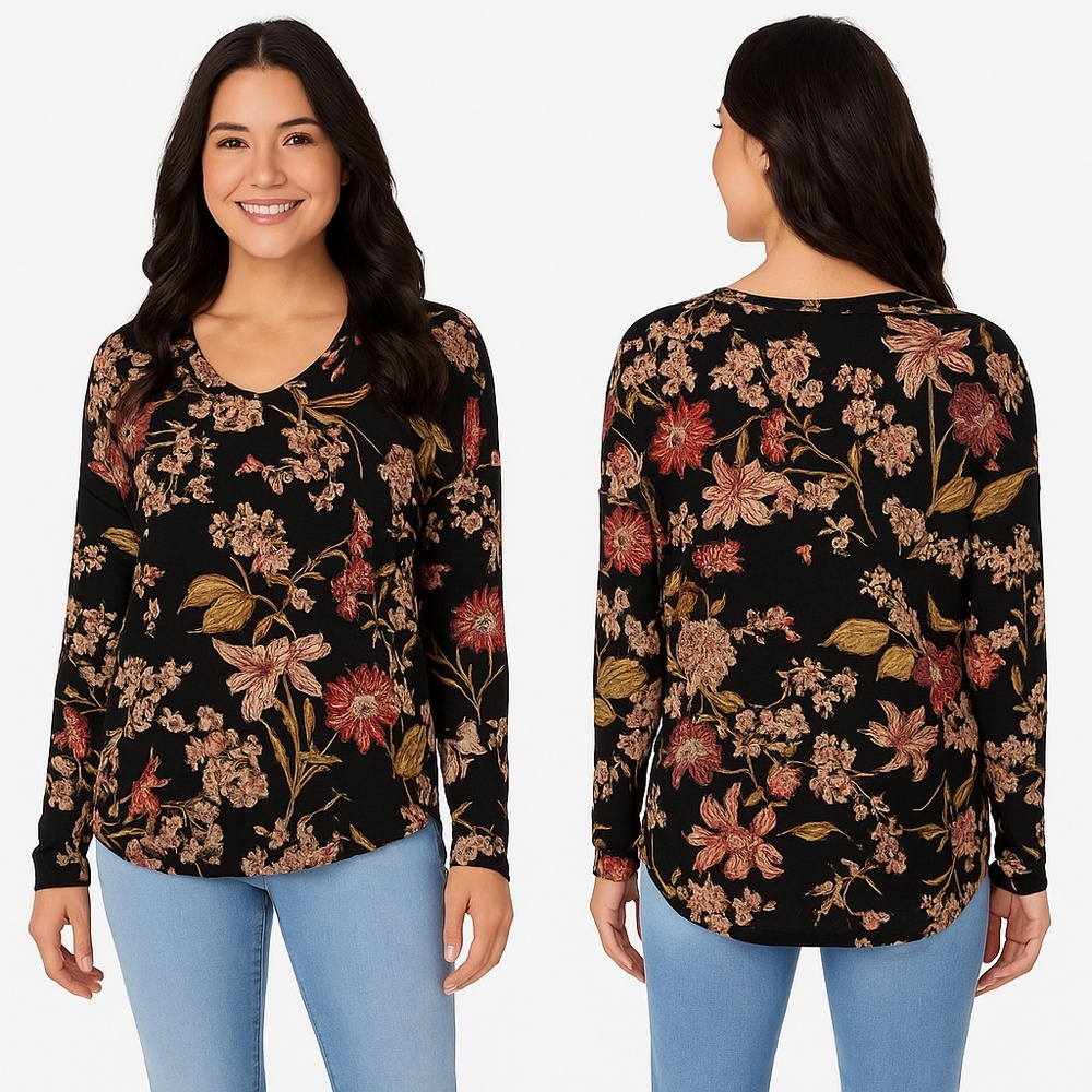 NWT Well Worn Women’s Rustic Fall Floral Long Sleeve Top – Black – Size Medium